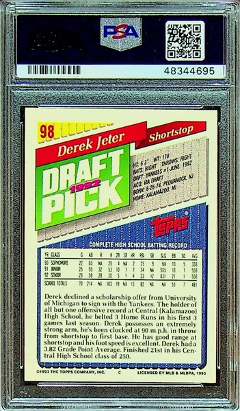 Autographed 1993 Topps Derek Jeter #98 Rookie Card - PSA Authentic Auto 10