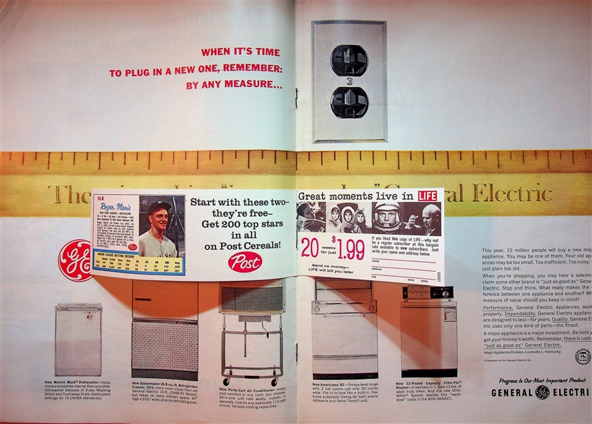 1962 Life Magazine Featuring Post Cereal Cards of Mantle & Maris Still Attached in Publication