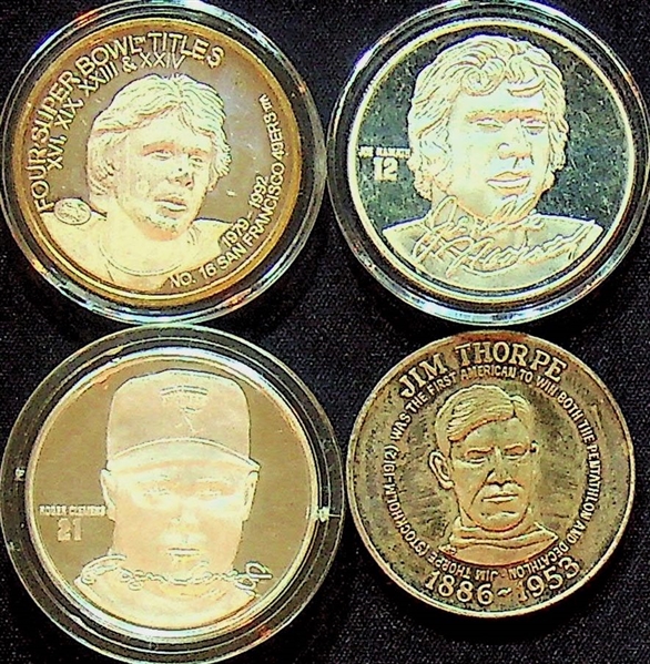 Lot of 4 - Sports Silver Coins - 1 Troy Oz .999 Silver Each - Roger Clemens, Jim Thorpe, Joe Montana, Joe Namath