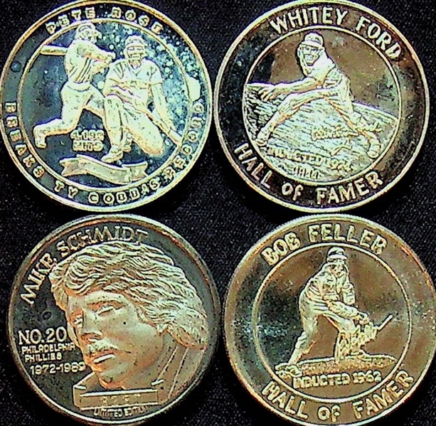 Lot of 4 - Baseball Greats Silver Coins - 1 Troy Oz .999 Silver Each - Pete Rose, Whitey Ford, Mike Schmidt, Bob Feller