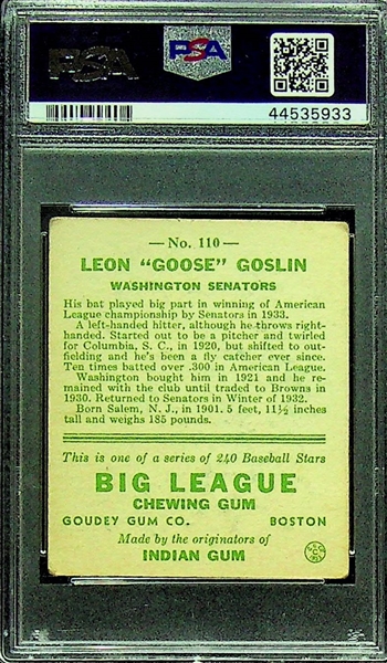 1933 Goudey Goose Goslin #110 PSA 2.5