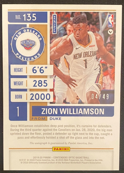 2019-20 Panini Contenders Optic Basketball Zion Williamson Rookie Ticket Red Variation Autograph Card #04/49