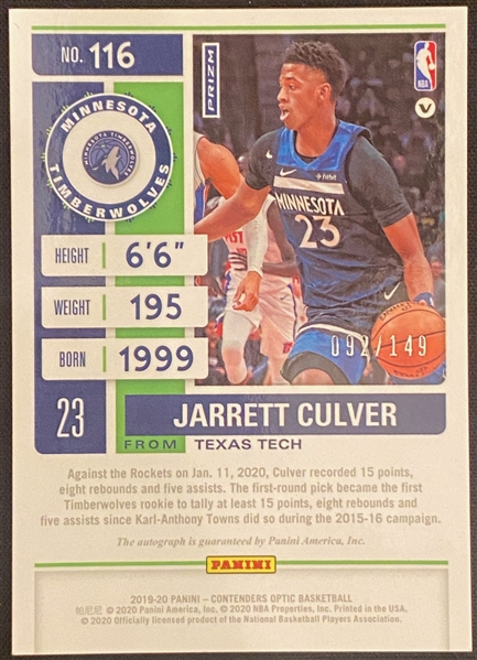2019-20 Panini Contenders Optic Basketball Jarrett Culver Rookie Ticket Red/Green Variation Autograph Card #92/149