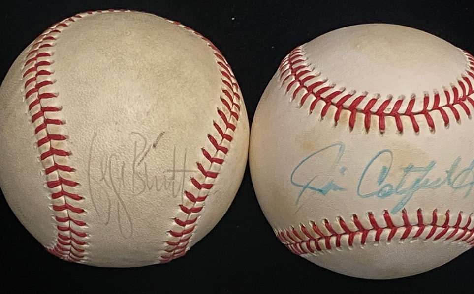 Signed Baseball Lot (2) - George Brett (Faded) and Catfish Hunter/Sparky Lyle -  JSA Auction Letter
