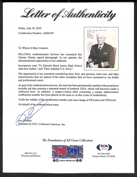 Chester (CW) Nimitz (d. 1966) Signed Photo (WW2 US Navy Fleet Admiral) w. PSA/DNA Letter