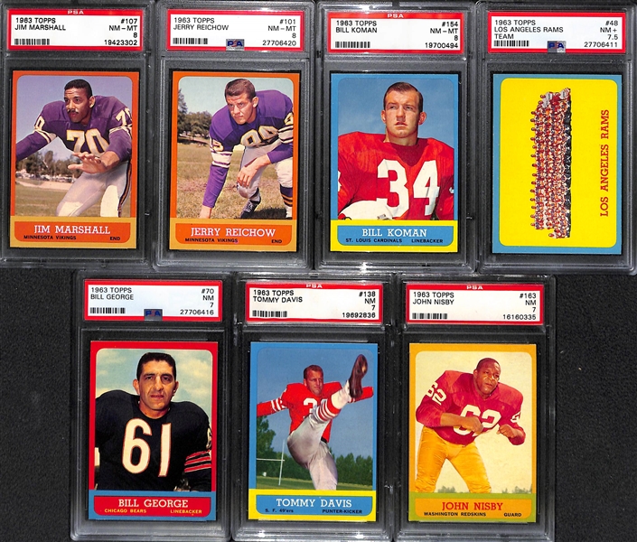Lot of 7 - 1963 Topps PSA Graded Football Cards w. Jim Marshall Rookie Card PSA 8