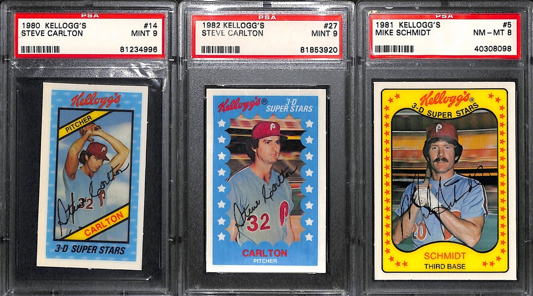 (9) Mike Schmidt and Steve Carlton Graded Kellogg's Cards w. 1975 Schmidt PSA 8 and 1973 Carlton PSA 9