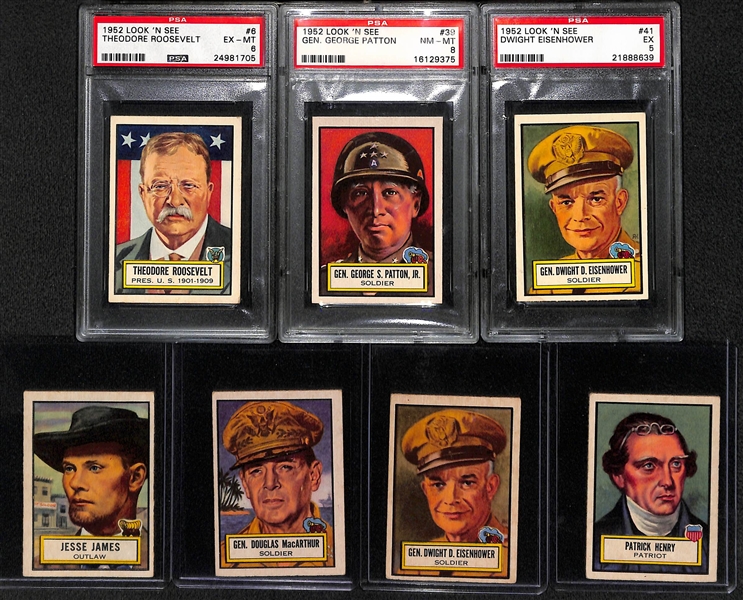 Lot of (7) 1952 Topps Look 'N See Card Lot w. PSA 8 General George Patton!