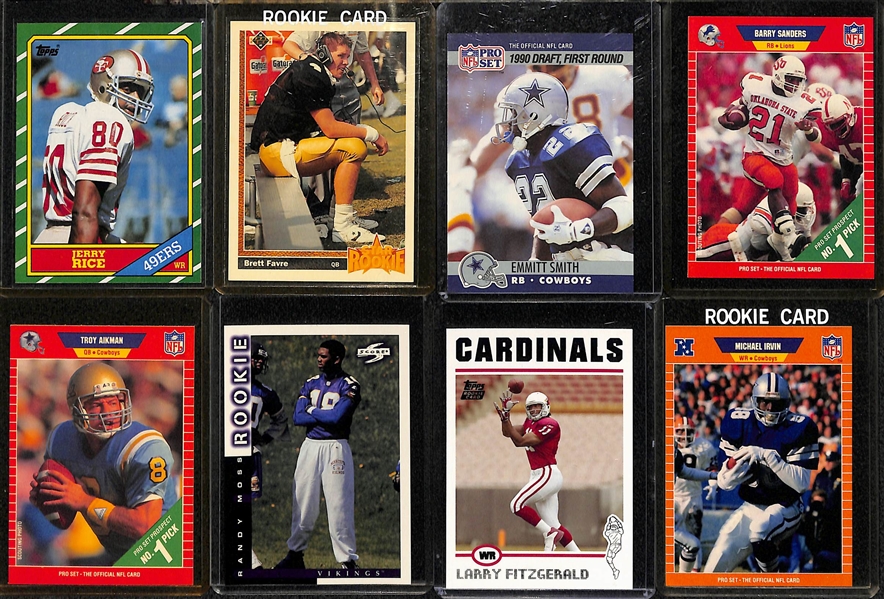 Lot of (25) Football Rookie Cards w. Rice, Favre, E. Smith, B. Sanders, Aikman, Moss, Fitzgerald, Irvin, +