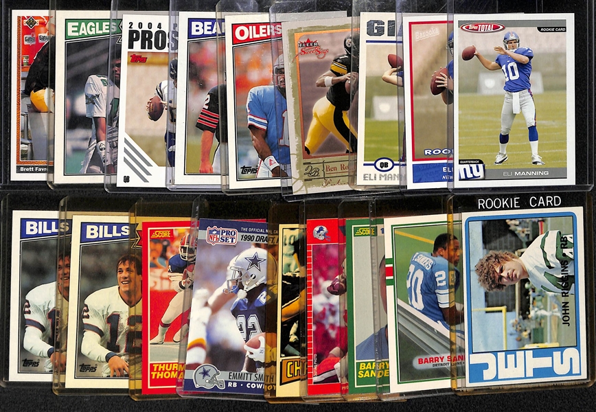 Lot of (18) Football RB and QB Rookies - B. Sanders, Riggins, Fouts, E. Smith, T. Thomas, E. Manning, Kelly, Roethlisberger, Moon, Favre, Cunningham, Rivers, Flutie