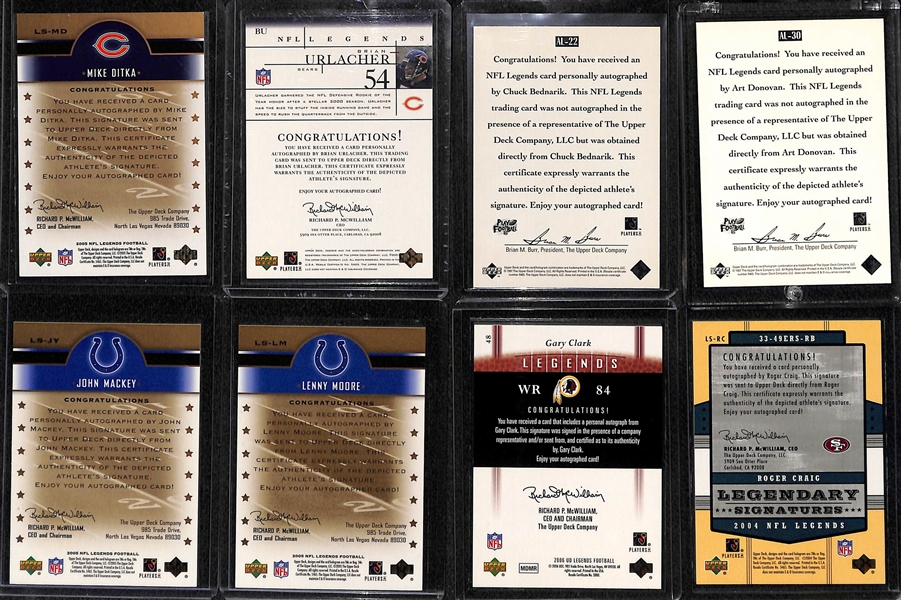 Lot of (11) UD Legends Football Autograph Cards w. Ditka, Urlacher, Bednarik, Art Donovan, Mackey, Moore, Clark, Craig, +