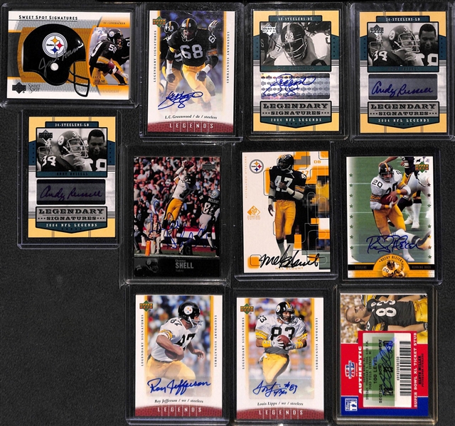 Lot of (11) Steelers Autograph Cards w. (2) LC Greenwood, Ham, Blount, (2) A. Russell, Shell, Bleier, Lipps, Jefferson, and Heath Millier