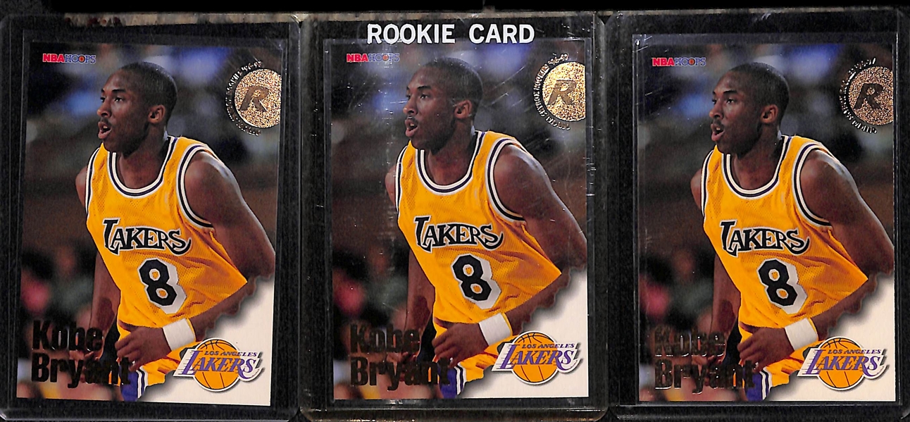 Lot of (7) Kobe Bryant Cards Inc. 3 NBA Hoops 1996 Rookie Cards (Card #281)