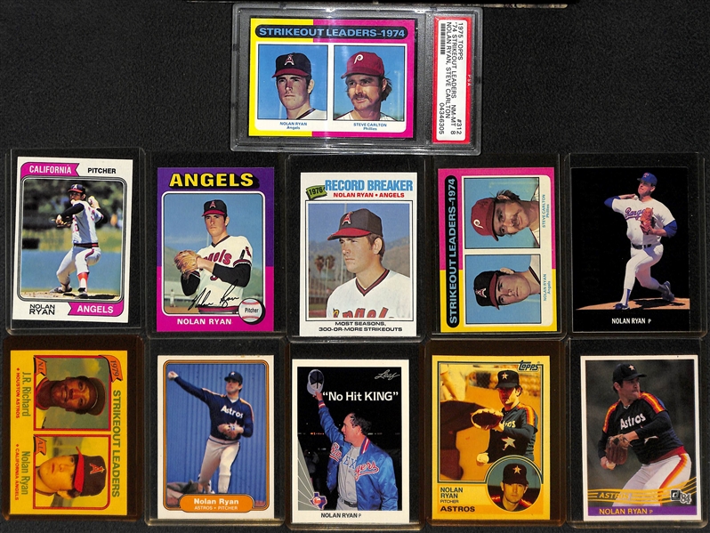 Lot of 56 Nolan Ryan Cards w. 1974 Topps, 1975 Topps, and (2) 1975 Topps SO Leaders (One Graded PSA 8)
