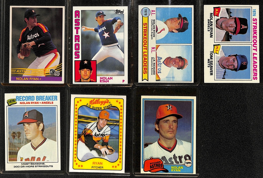 Lot of 56 Nolan Ryan Cards w. 1974 Topps, 1975 Topps, and (2) 1975 Topps SO Leaders (One Graded PSA 8)
