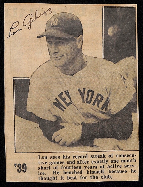 Eleanor Gehrig Penned Lou Gehrig Newspaper Clip (JSA LOA Indicates Mrs. Gehrig Signed Lou's Name)