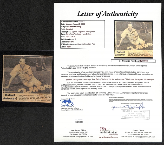 Eleanor Gehrig Penned Lou Gehrig Newspaper Clip (JSA LOA Indicates Mrs. Gehrig Signed Lou's Name)