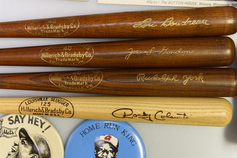 Assorted Sports Pin, Plates & Mini Bats Lot w. Lou Boudreau Mini Bat