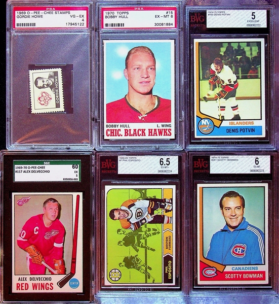 (5) Card Graded Hockey Lot (Howe, B. Hull, Potvin Rookie, P. Esposito, Delvecchio)