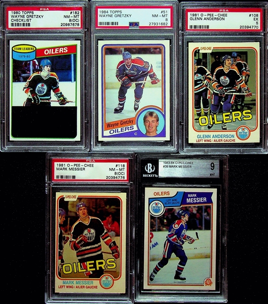 (5) Card Graded Oilers Lot - 2 Gretzky, 2 Messier, and Glenn Anderson Rookie