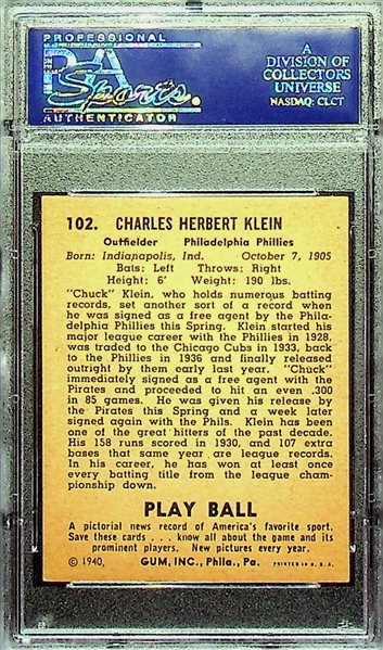 1940 Play Ball Chuck Klein (Phillies) #102 Graded PSA  6.5