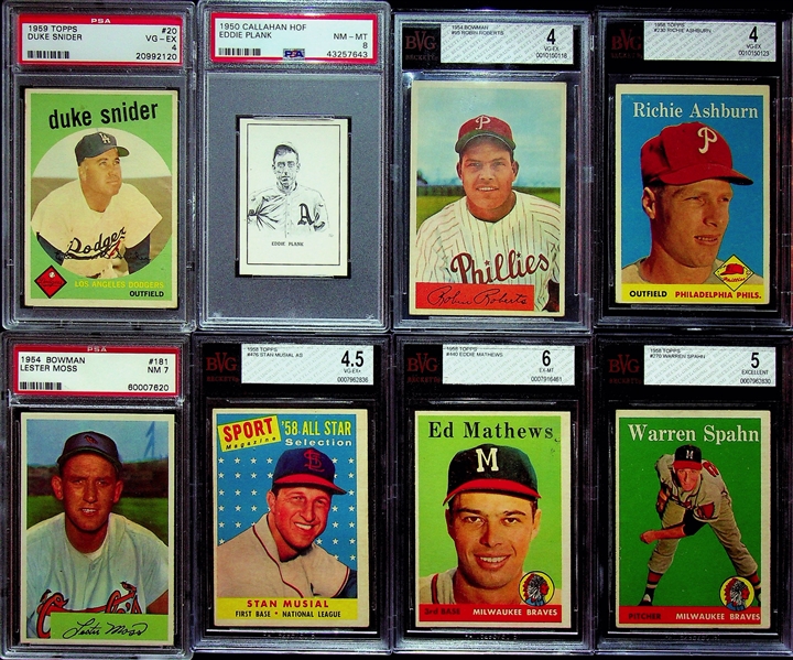 Lot of (8) Graded 1950s Baseball Cards (Plank, Roberts, Snider, Musial, Mathews, Spahn, Ashburn, +)