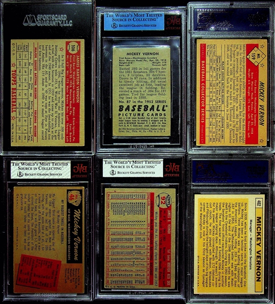 (6) Graded Mickey Vernon Cards - 1952 Topps SGC 5, 1952 Bowman Authentic, 1953 Bowman PSA 2, 1955 Bowman BVG 4, 1957 Topps BVG 5.5, 1963 Topps PSA 8