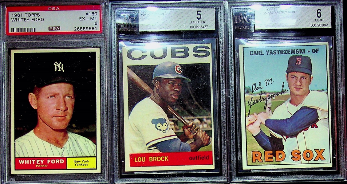 (13) Graded 1960s Baseball Cards w/ 1961 Topps Ford PSA 6, 1964 Brock BVG 5, 1967 Yaz BVG 6, Jenkins Rookie, Carew 2nd Yr, +