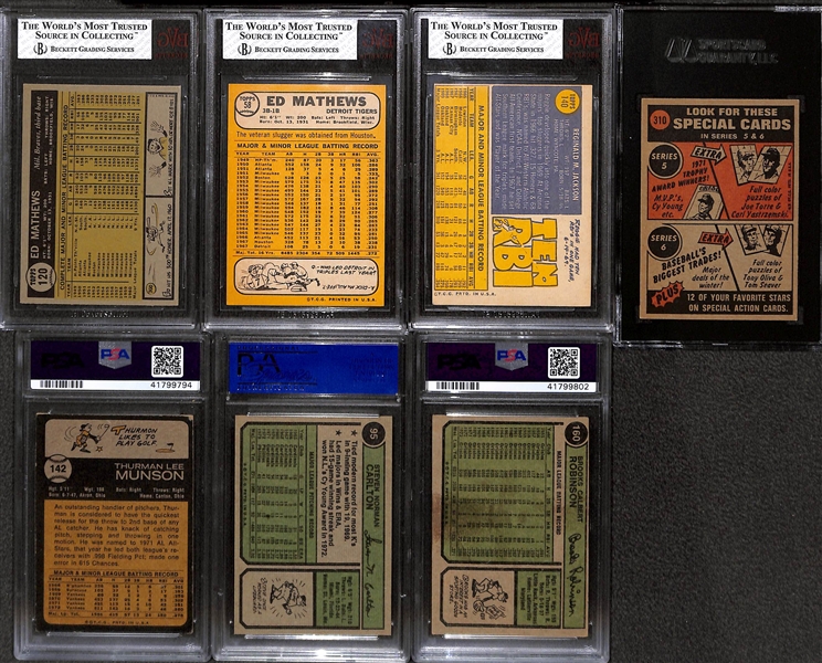 (7) Graded Topps Cards w. 1961 Mathews BVG 7, 1968 Mathews BVG 8, 1972 Clemente IA SGC 7, 1970 Reggie Jackson BVG 5.5,  + Munson, Carlton, B. Robinson