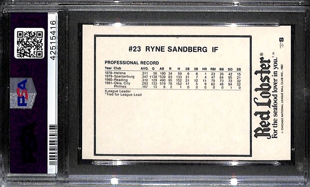 1982 Red Lobster Cubs Ryne Sandberg Pre-Rookie Card PSA 10 Gem Mint
