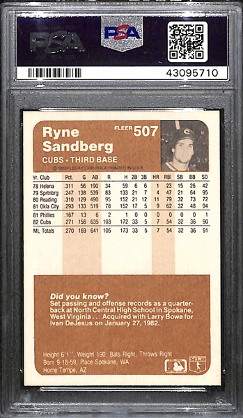 1983 Fleer Ryne Sandberg Rookie Graded PSA 10 Gem Mint