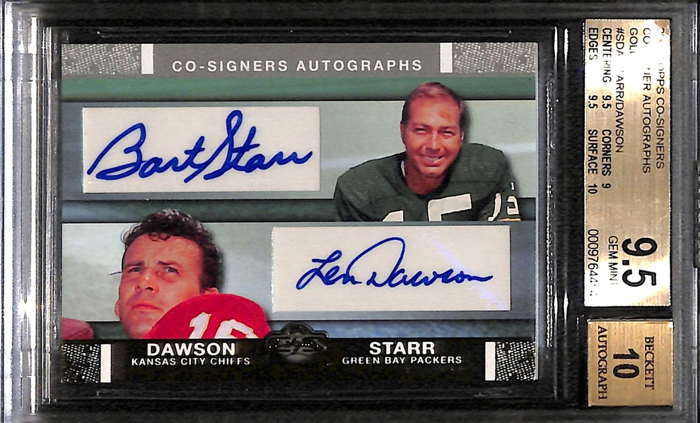 2007 Topps Co-Signers Dual Autograph Gold - Bart Starr & Len Dawson #10/25 Graded BGS 9.5 Gem (10 Autograph)