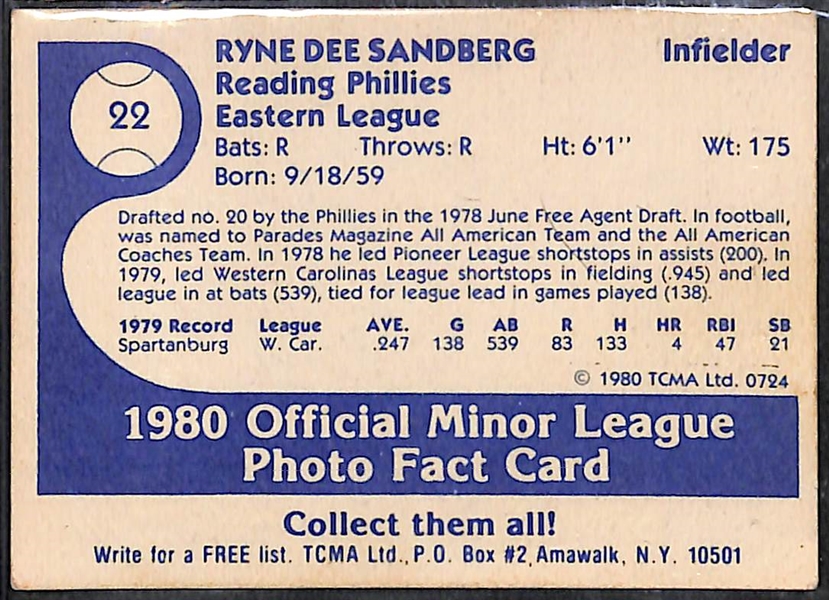 RARE 1980 TCMA Ryne Sandberg Reading Phillies Pre-Rookie Card (Autographed) - JSA LOA