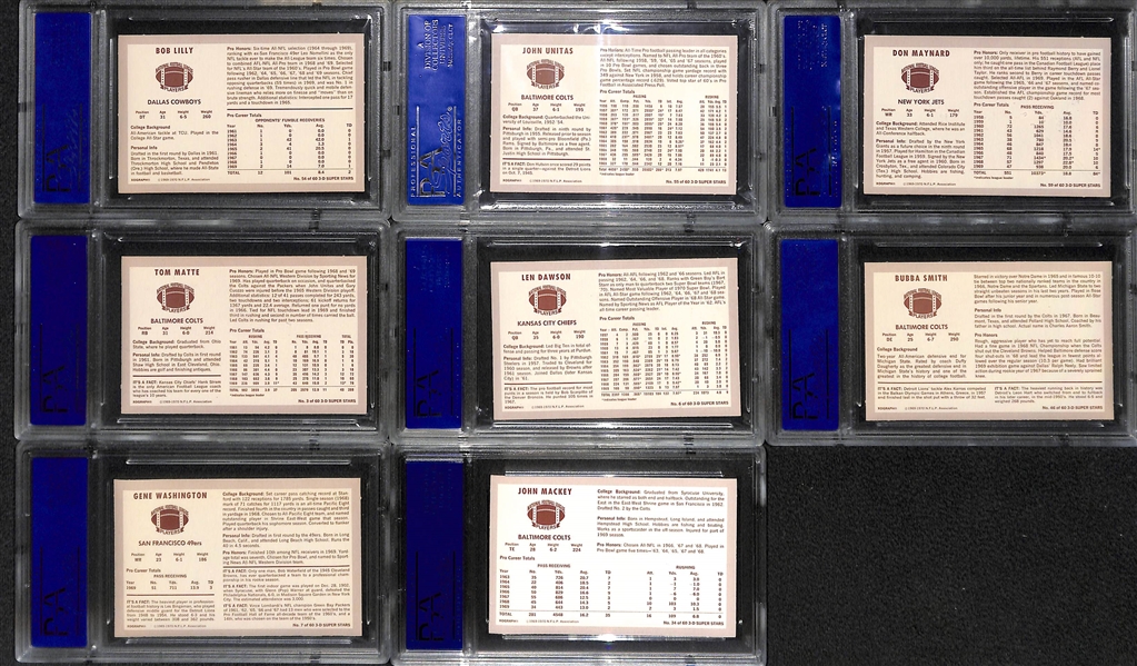 (8) 1970 Kellogg's 3-D Football Cards (All PSA 9) - Unitas, Lilly, Maynard, Matte, Dawson, B. Smith, G. Washington, Mackey