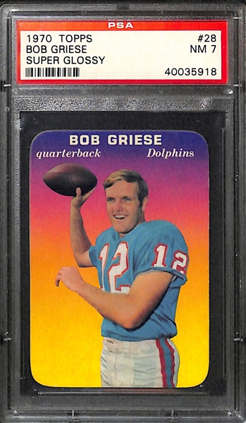 (4) Graded Football Cards - 1969 Topps Curtis PSA 8, 1970 Topps Super Glossy Namath & Griese (PSA 7),  1972 Unitas PSA 7