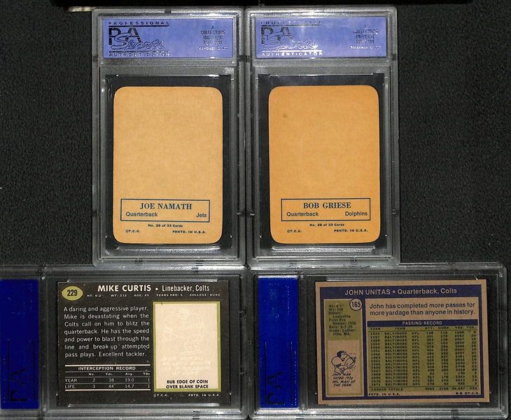 (4) Graded Football Cards - 1969 Topps Curtis PSA 8, 1970 Topps Super Glossy Namath & Griese (PSA 7),  1972 Unitas PSA 7