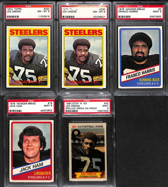 (5) Steelers Graded Lot - (2) 1972 Joe Greene PSA 8, 1976 Wonder Bread F. Harris & Ham (Both PSA 9), and 1980 Stop N' Go Greene PSA 9