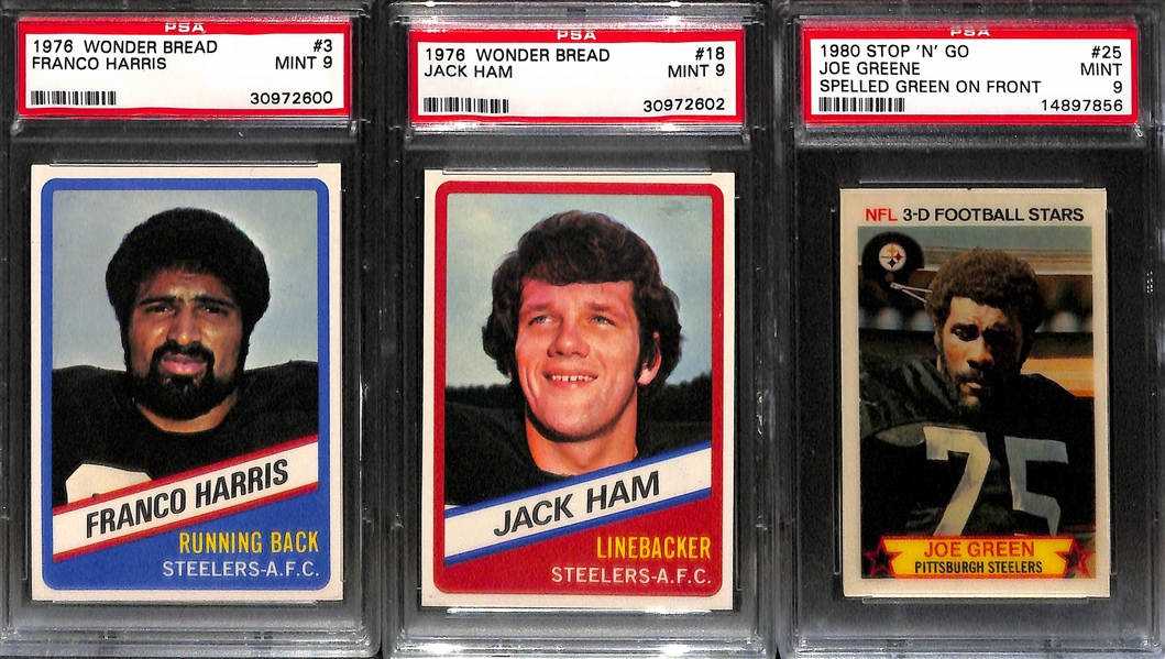 (5) Steelers Graded Lot - (2) 1972 Joe Greene PSA 8, 1976 Wonder Bread F. Harris & Ham (Both PSA 9), and 1980 Stop N' Go Greene PSA 9