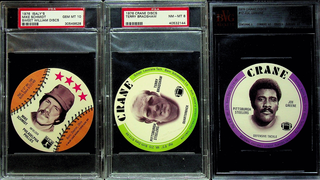 Nice Lot - Jack Ham Signed 8x10, 1972 Bradshaw Iron-On PSA 8, 1972 NFLPA Joe Greene Vinyl Sticker PSA 8,  Bradshaw/Greene Graded Crane Disks, 4 Mike Schmidt Disks (3 Complete Pepsi-Cola and PSA 8...