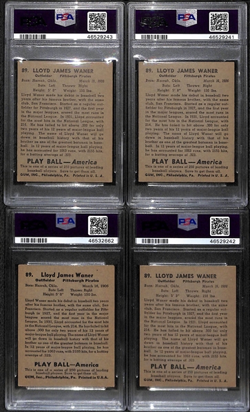 Lot of (4) Lloyd Waner Graded 1939 Play Ball Cards (PSA 3, PSA 3.5, PSA 4, and PSA 5.5)