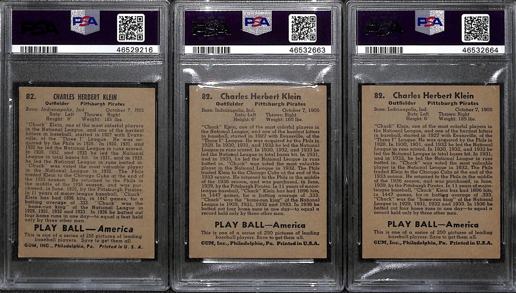 Lot of (3) Chuck Klein Graded 1939 Play Ball Cards (PSA 5, PSA 5.5, and PSA 5.5)