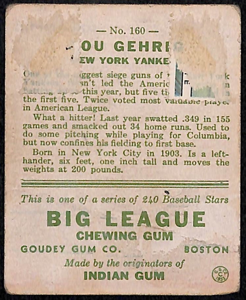 Eleanor Gehrig Penned Lou Gehrig 1933 Goudey Card #160 (Signature is by Mrs. Gehrig but in Lou's Name) - JSA LOA