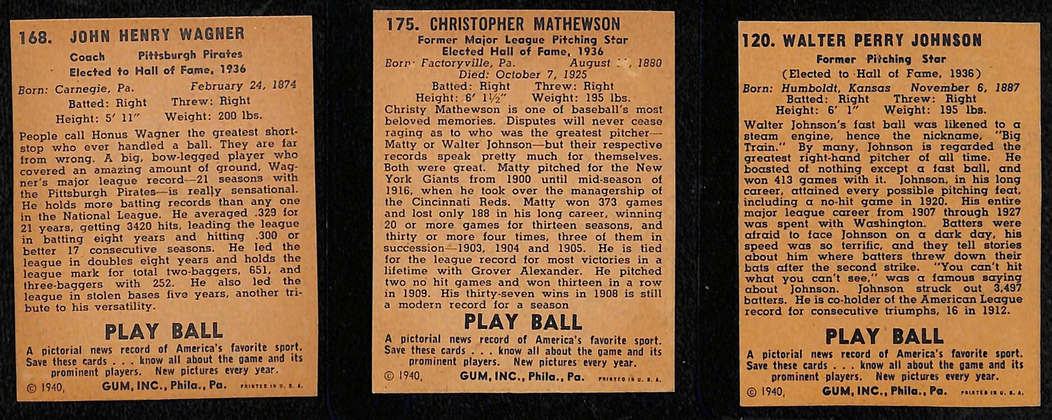 Lot of (3) Authentic/Trimmed HOFer 1940 Play Ball Cards - Honus Wagner, Christy Mathewson, Walter Johnson