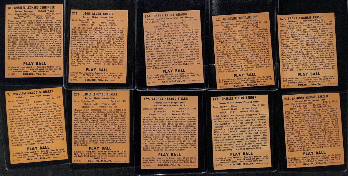 Lot of (10) Authentic/Trimmed HOFer 1940 Play Ball Cards - Gehringer, Goslin, Chance, Mack, Frisch, Dickey, Bottomley, Sisler, Bender, Lazzeri