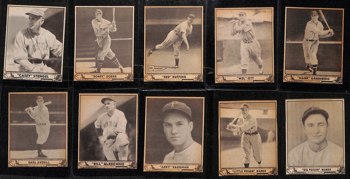 Lot of (10) Authentic/Trimmed HOFer 1940 Play Ball Cards - Stengel, Doerr, Ruffing, Ott, Greenberg, Averill, McKechnie, Vaughan, Lloyd Waner, Paul Waner