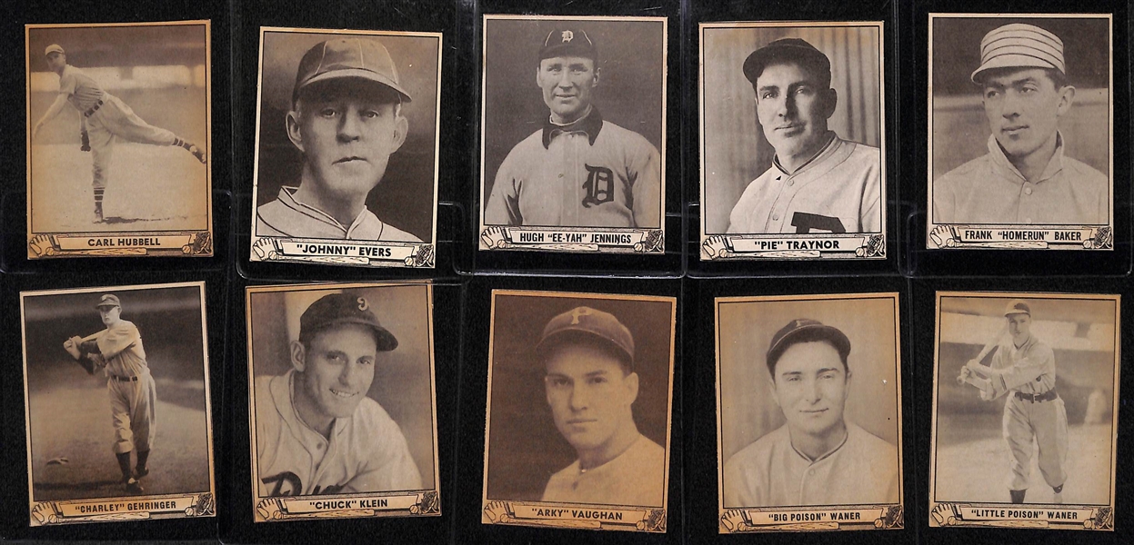 Lot of (10) Authentic/Trimmed HOFer 1940 Play Ball Cards - Hubbell, Evers, Jennings, Traynor, Baker, Gehringer, Klein, Vaughan, Lloyd Waner, Paul Waner