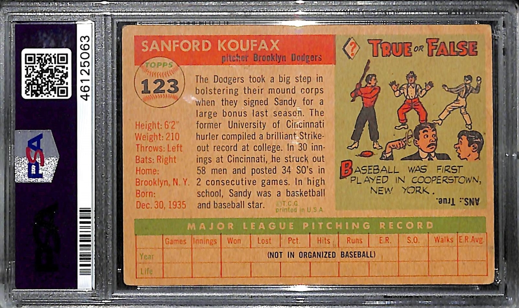 1955 Topps Sandy Koufax (HOF) Rookie Card #123 - Graded PSA 3