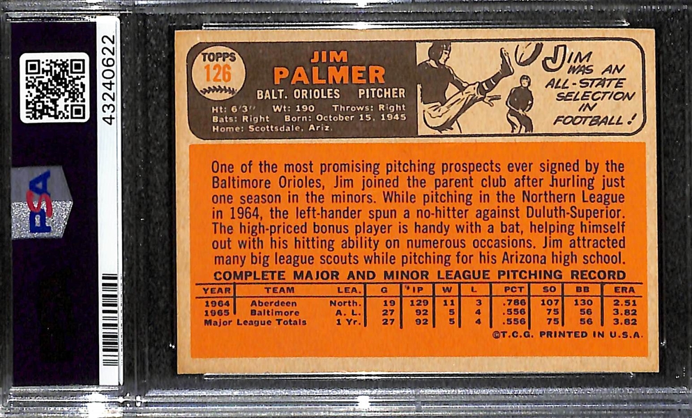 1966 Topps Jim Palmer (HOF) Rookie Card  #126 - Graded PSA 7