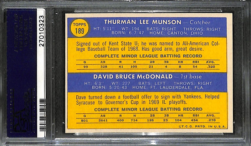 1970 Topps Thurmon Munson Rookie Card #189 - Graded PSA 8