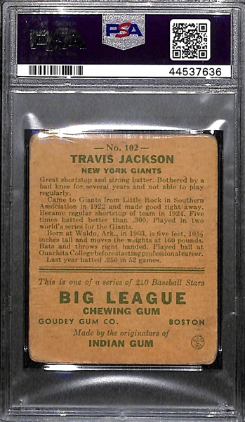 Signed 1933 Goudey Travis Jackson (HOF) #102 Graded PSA Authentic (Auto Grade 10), d. 1987